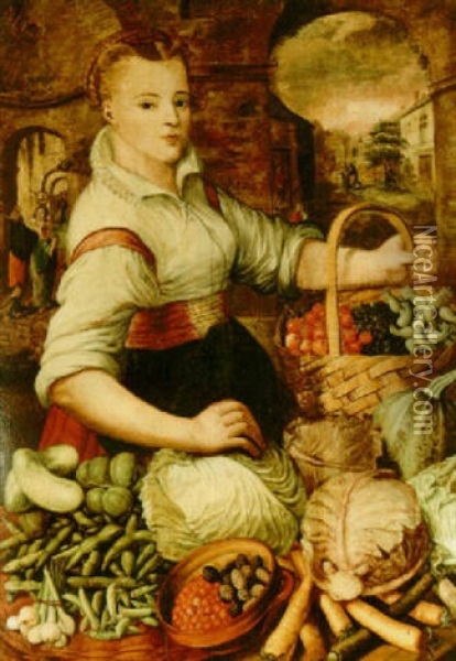 A Young Woman Selling Vegetables And Fruits In Baskets Oil Painting - Joachim Beuckelaer