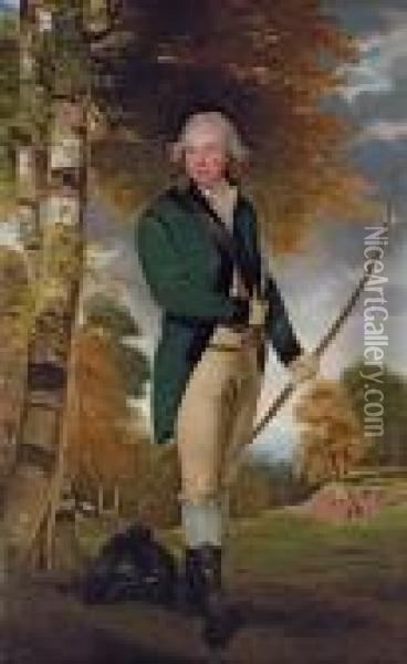Portrait Of Sir Foster Cunliffe,
 3rd Bt. Of Acton Park, Wrexham, Denbighshire (1755-1834), Full-length, 
In Archer's Uniform, With Green Coat, Buff Yellow Breeches And Hessian 
Boots, His Archer's Plumed Black Hat At His Feet, Holding A Bow In His 
L Oil Painting - John Hoppner