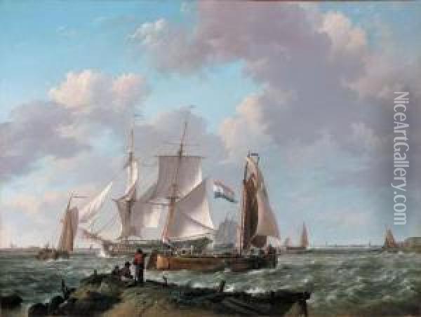 Ships In A Squall With Figures On The Shore Oil Painting - Johannes Hermanus Koekkoek