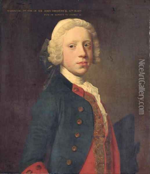 Portrait of Marescoe Frederick, half-length, in a blue military coat and red waistcoat, holding a tricorn Oil Painting - Allan Ramsay