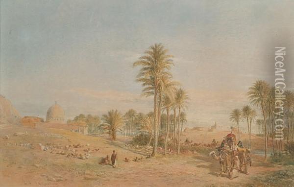 Desert Oasis With A Camel Train Oil Painting - Edward Alfred Angelo Goodall
