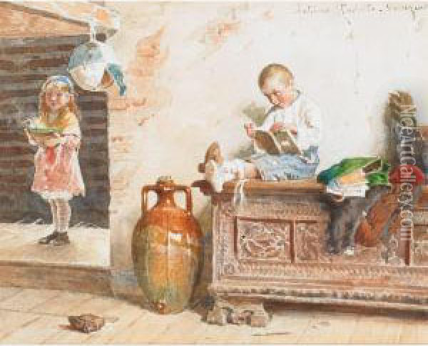 Children Doing Their Homework Oil Painting - Antonio Paoletti
