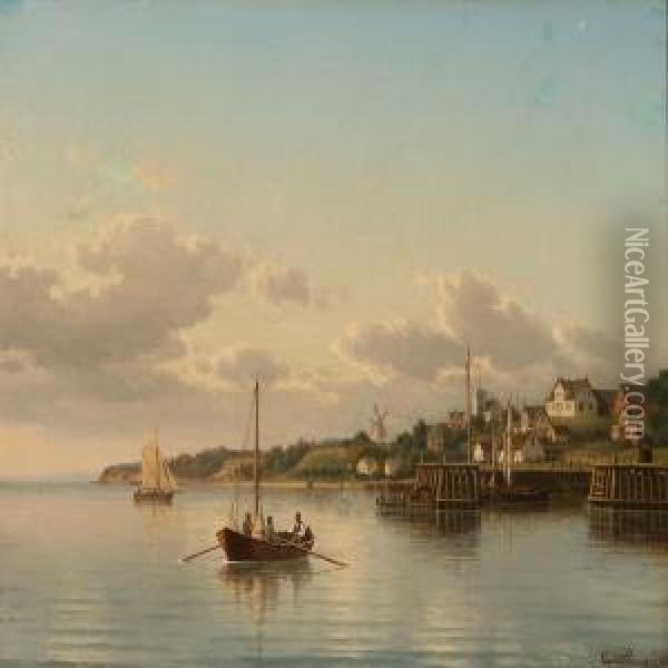 Summer Day At Espergjerde Harbour With A Viewtowards Humlebaek, Denmark Oil Painting - Carl Emil Baagoe