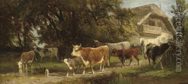 Watering Cattle Before A Farmstead Oil Painting - Friedrich Johann Voltz