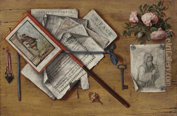 A Trompe L'oeil Still Life With Letters And Other Objects On Aboard Oil Painting - Antonio Cioci or Ciocchi