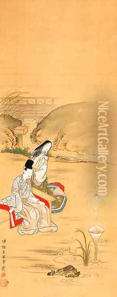 Nobleman and lady viewing a fountain in a garden Oil Painting - Tsukioka Sessai