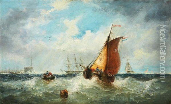 Coastal Scene With A Dutch Ship Oil Painting - James E. Meadows