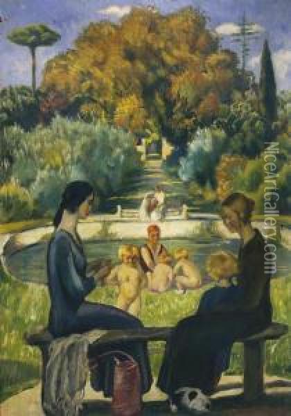 Madre Con Bimbi Nel Parco Oil Painting - Giovanni Costetti