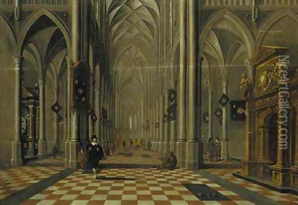 The interior of a Gothic church looking east, with elegant company and other figures Oil Painting - Bartholomeus Van Bassen