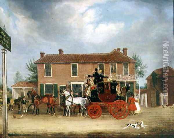 The Norwich to London Mail at the Coach and Horses, Ilford Oil Painting - James Pollard