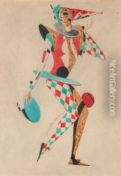 Harlequin In Red And Blue Oil Painting - Sergei Vasil'evich Chekhonin