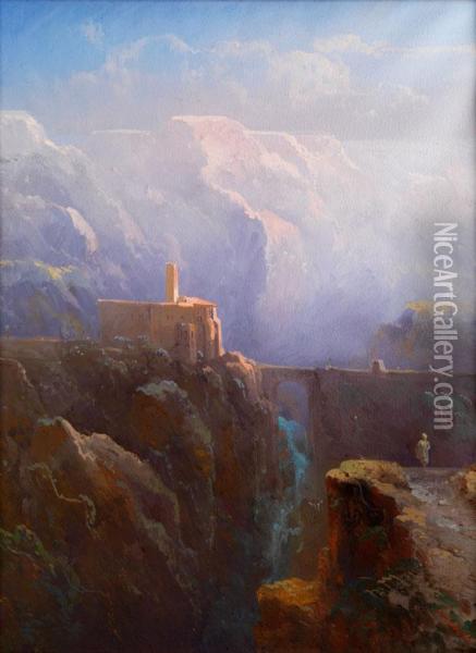 Italienische Felsenlandschaft Mit Gebaude Uber Einer
Wasserfallschlucht Oil Painting - Peter Conrad Schreiber