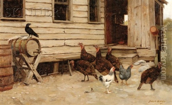 Crow Among The Fowl, A Barnyard Scene Oil Painting - Burr H. Nicholls