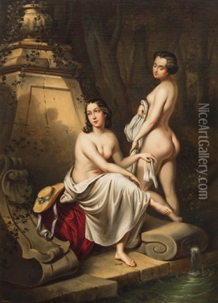 Zwei Badende Frauen An Der Waldquelle Oil Painting - Eduard Klieber
