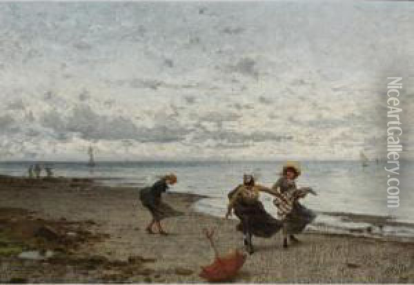 Windy Day At The Beach Oil Painting - Luigi Steffani