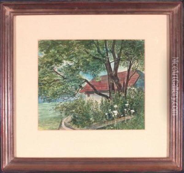 Blick Auf Ein Haus Am Chiemseeufer Hinter Baumen Und Buschen Oil Painting - Alfred Haushofer