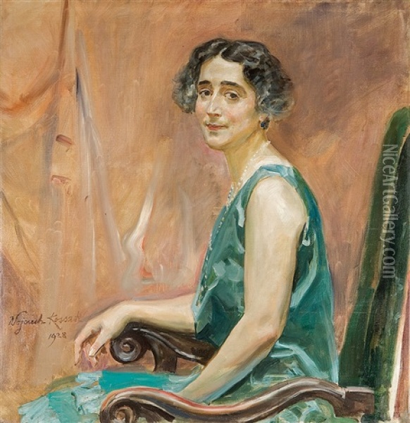 A Female Portrait (in Chair) Oil Painting - Woiciech (Aldabert) Ritter von Kossak