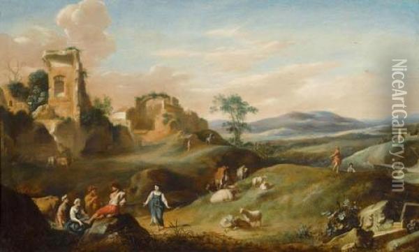 Ruinenlandschaft Mit Hirten Und Vieh. Oil Painting - Cornelis Van Poelenburch