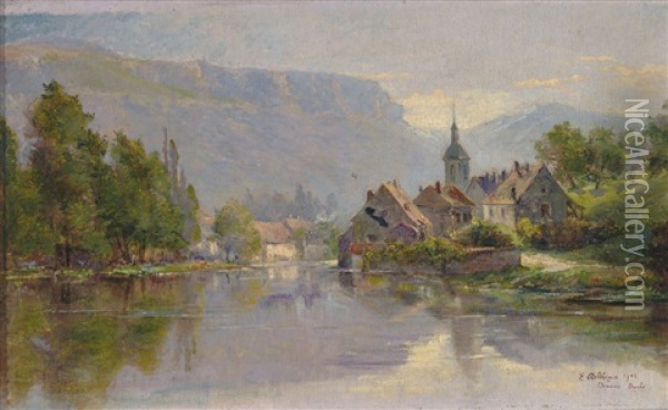 Flusslandschaft Mit Kirchdorf Und Berghintergrund Oil Painting - Eugene Jules Delahogue