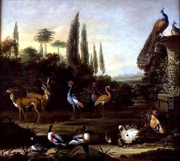 A Park Landscape with Deer and Exotic Birds Oil Painting - Johannes Bronckhorst