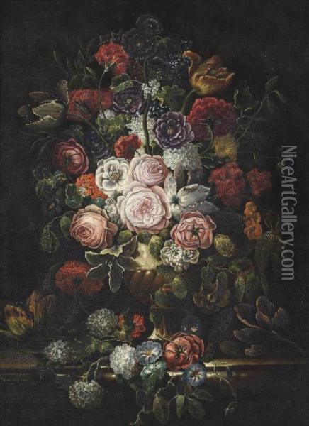 Roses, Chrysanthemums, Convolvulus And Other Flowers In An Urn On A Ledge Oil Painting - Pieter III Casteels