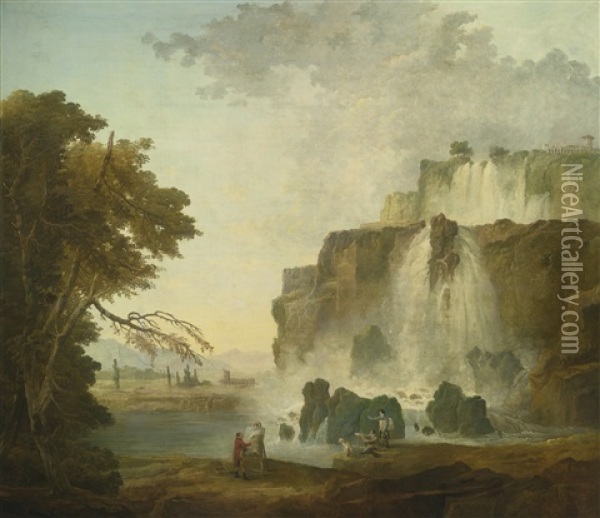 Landscape With Painters Near A Waterfall Oil Painting - Hubert Robert