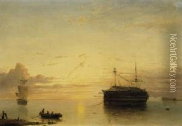 Two Ships In The Port Entrance. Calm Evening Mood. Signed Lower Left: K. Karsen Oil Painting - Kasparus Karsen