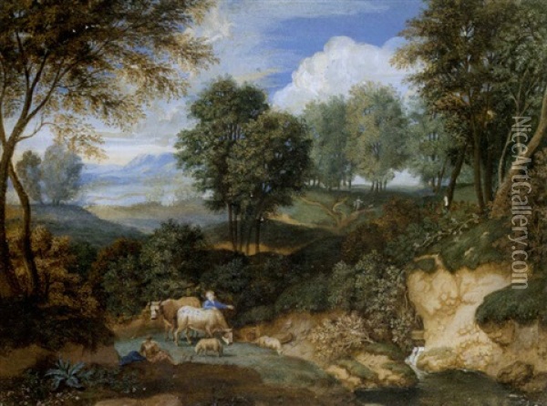 A Pastoral Landscape With Roman Ruins (+ A Pastoral Wooded Landscape; Pair) Oil Painting - Isaac de Moucheron