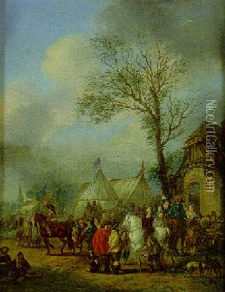 Horsemen And Other Figures Before An Inn Oil Painting - Carel van Falens