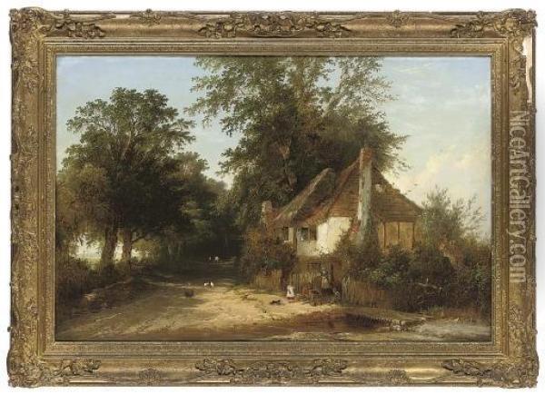 Figures Before A Cottage On A Wooded Lane Oil Painting - Henry John Boddington