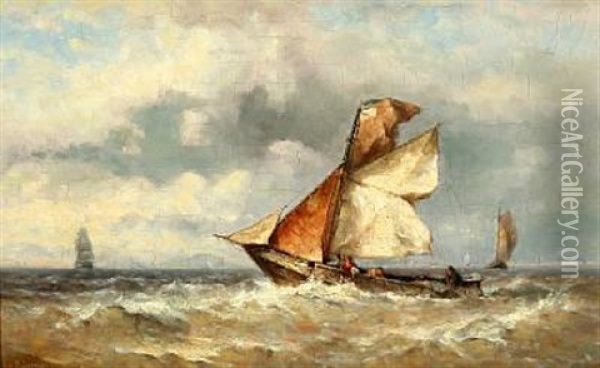Fishermen At Sea, Working Oil Painting - Johannes Frederick Schuetz