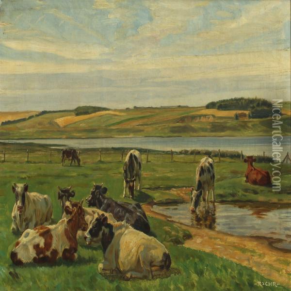 Landscape With Cows By A Inlet Oil Painting - Rasmus Christiansen