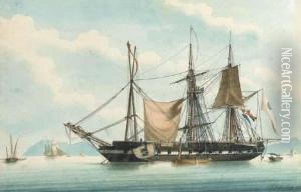 A Frigate At Anchor In A Bay, Undergoing An Extensive Refit Oil Painting - Francois-Joseph-Frederic Roux