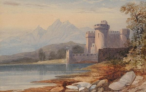 View Of A Castle By A Lake Oil Painting - James Burrell-Smith