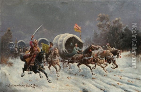 Kosakischer Reiterzug Im Winter Oil Painting - Adolf (Constantin) Baumgartner-Stoiloff