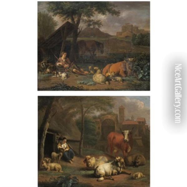 Pastoral Roman Landscapes With A Shepherd Boy And A Shepherd Girl (pair) Oil Painting - Simon van der Does