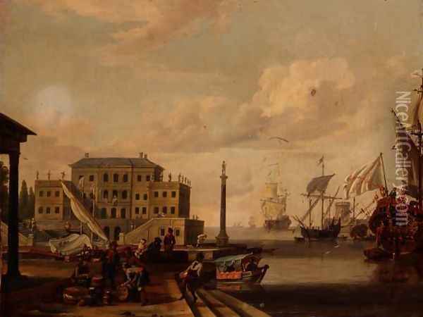A capriccio of a Mediterranean Harbour with merchants and shipping at anchor Oil Painting - Abraham Storck