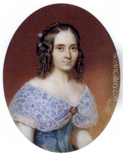 A Young Lady In Pale Blue Silk Dress, Wide Lace Stole Pinned At Corsage With Jewel-set Gold Brooch And Long Chain, White Flowers In Her Plaited Brown Hair Dressed In Ringlets Oil Painting - Karoly Sterio