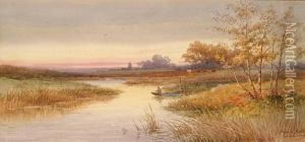 Fishing By The Arun, Sussex Oil Painting - Harold Lawes