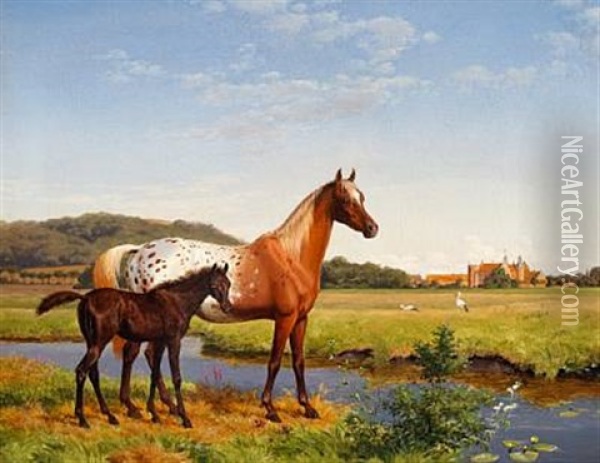 Horses And Storks In The Meadow Near The Manor House Gl. Estrup Oil Painting - Carl Henrik Bogh