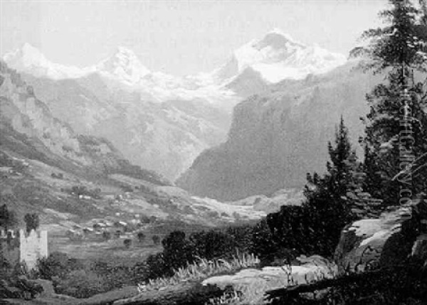 Jungfrau, Eiger, Monch Von Unspunnen Aus Oil Painting - Hubert Sattler