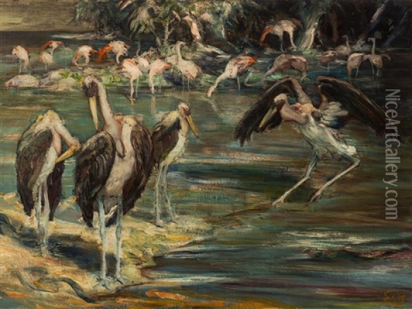 Riverside With Flamingos And Marabous Oil Painting - Ernst Eck