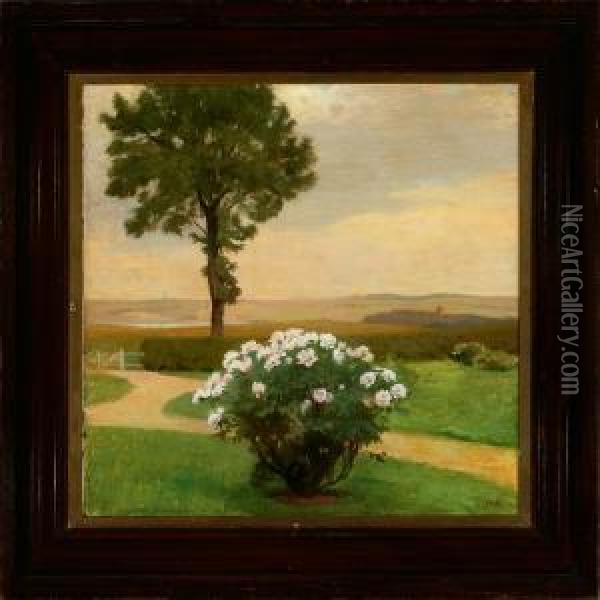 Evening Garden Scenery With A View To The Open Landscape Oil Painting - Christian Mourier-Petersen