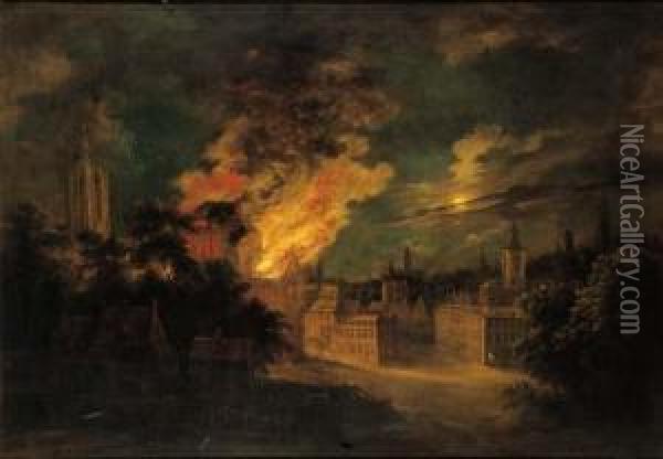 A Fire In Brussels At Night Oil Painting - Daniel van Heil