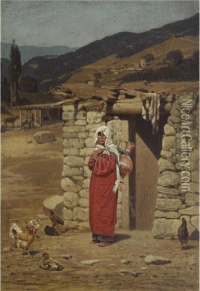 Peasant Carrying Water Oil Painting - Petr Nicolaevich Gruzinsky