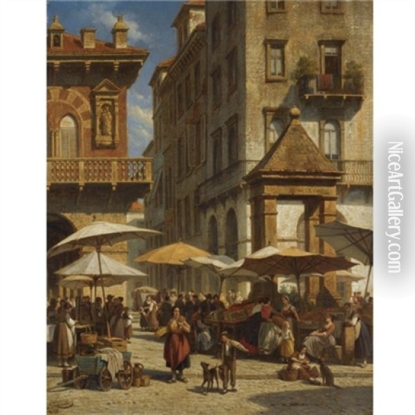 Piazza Delle Erbe, Verona Oil Painting - Jacques Francois Carabain