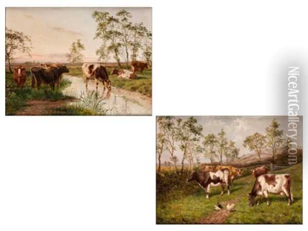 Kuhe Auf Einer Wiese Und Kuhe Am Fluss (2 Works) Oil Painting - Samuel Joseph Clark