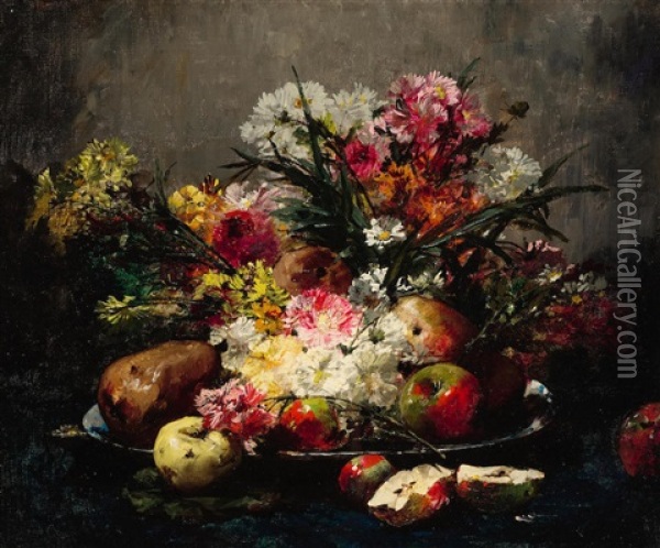 A Still Life With Flowers And Fruit Oil Painting - Georges Jeannin