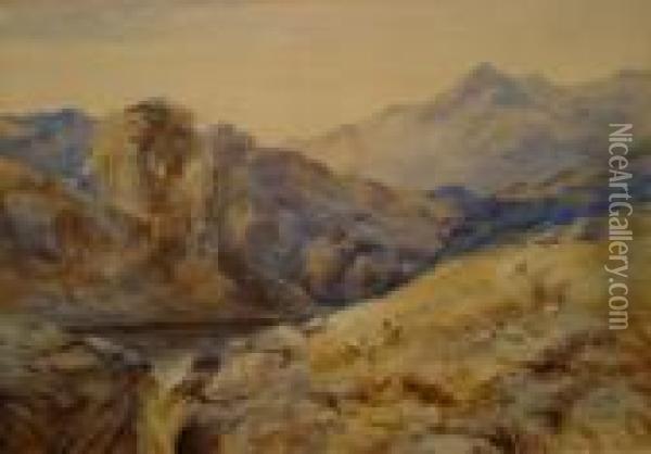 A Mountainous River Landscape With Sheep Grazing Oil Painting - John MacWhirter