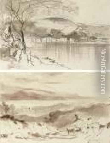 View Of The Town And Harbour, 
Gaois, Paxos; And View Of Argostoli And The Black Mountain, Cephalonia, 
Greece Oil Painting - Edward Lear